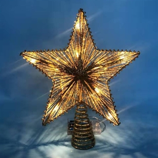 Topstjerne med lys til juletræ - med glimmer - gul